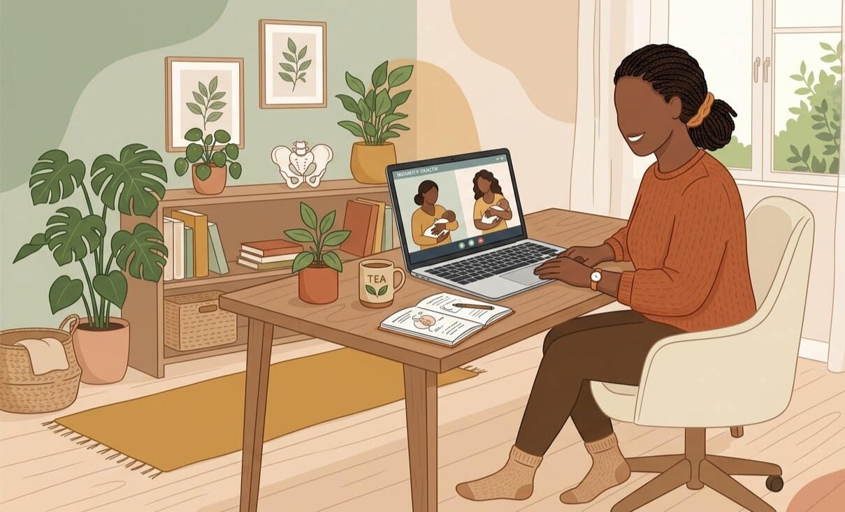women’s health physiotherapist working virtually from home. virtual physiotherapy care